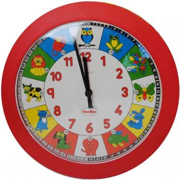 HenBea 782 - Reloj de Cuarzo de Pared Infantil Redondo| Mecanismo Silencioso|Decorado Animales con numeros Grandes en Rojo| sin Marco| Reloj didactico