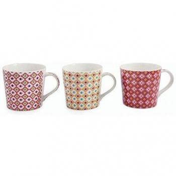 Villa D'Este Geometry Juego de 3 Tazas, de Porcelana de Ceniza de Hueso, en Rojo Oscuro