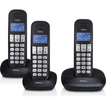 Teléfono DECT Profoon PDX-1130 con 3 terminales inalámbricos, negro, ampliable a 5 y 50 espacios de almacenamiento