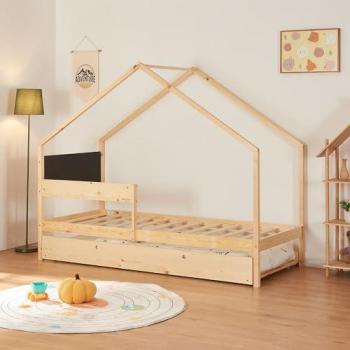 Cama Nido Infantil Sodankylä 90x200cm con Cama Adicional Extraíble de Madera de Pino Natural/Negro