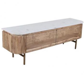 Mueble TV BIRUNA de madera de acacia y mármol con 2 puertas - Natural y blanco
