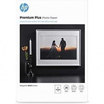 HP Premium Plus Photo Paper, CR675A, 20 hojas de papel fotográfico brillante avanzado, compatible con impresoras de inyección de tinta, A3, peso del material de impresión 300 g/m²