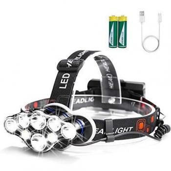 Arzopa Linterna Frontal Recargable LED, 13000 Lúmenes Luz Frontal Cabeza Impermeable Super Brillante con 8 LEDs y 8 Modos para Casco, Pesca,Senderismo, Bicicleta, Camping y Caza