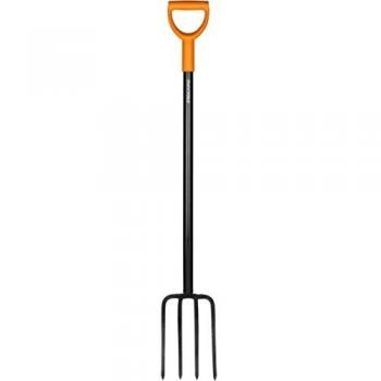 Fiskars Horquilla de Pala para suelos duros y rocosos, con 4 Dientes, Longitud: 122 cm, Mango de Acero/Plástico de Alta Calidad, Negro/Naranja, Solid, 1003458