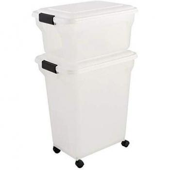 Contenedor Hermético de Pienso para Mascotas con Ruedas - 45L + 20L - Blanco y Transparente