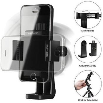 Soporte Giratorio Universal Mantona para Smartphone con Clip 100, Compatible con iPhone y Smartphones de 55-85 mm, Rosca de 1/4 Pulgadas para Montaje en Trípode y Palo Selfie