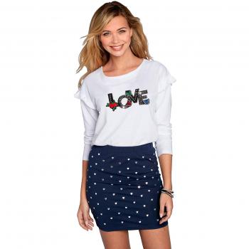 Camiseta de Escote Redondeado y Manga Larga con Volante en Las sisas by Vencastyle,Blanco,M