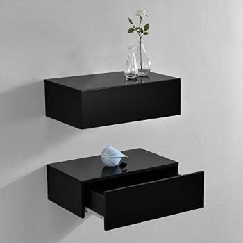 Set de 2 Mesitas de Noche de Pared con Cajón - Negro Lacado Brillante - 46x30x15cm