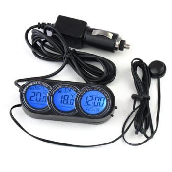 GAOHOU® 3 en 1 vehículo multifuncional LCD automático reloj de temperatura interior digital reloj termómetro indicador negro