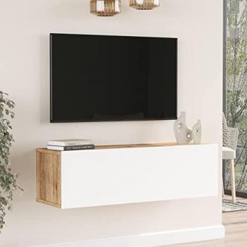 Mueble TV Suspendido Lapinlahti Aglomerado 100x32x30 cm Roble Rústico/Blanco con Puerta de Apertura a Ribalta