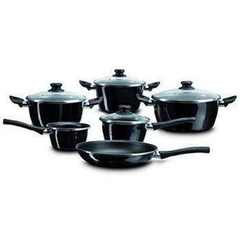 Magefesa Naccarii - Batería de Cocina 10 piezas. Material acero vitrificado exterior negro. Antiadherente bicapa, aptas para todo tipo de cocinas, especial inducción. 50% de ahorro energético.