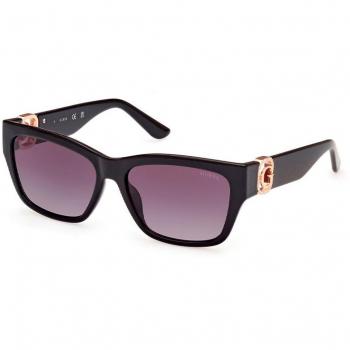 Guess Women's Square Sunglasses GU00105 with Rhinestone Logo Detail, Shiny Black/Gradient Smoke, 56mm