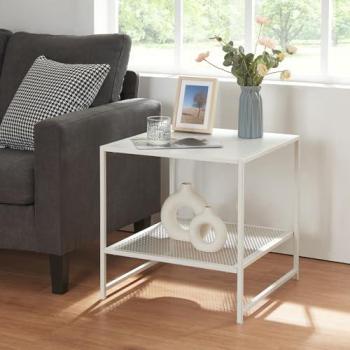 Mesa Auxiliar Cuadrada Ruokolahti con Estante de Rejilla 51x51x51cm - Blanco Mate, Diseño Industrial en Acero
