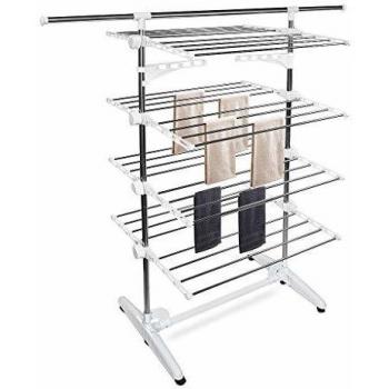Estante Tendedero para Secado de Ropa, 4 Estantes, Blanco, con Alas y Barra Superior, Tubos de Acero Inoxidable, Carga Máxima 3 kg por Barra
