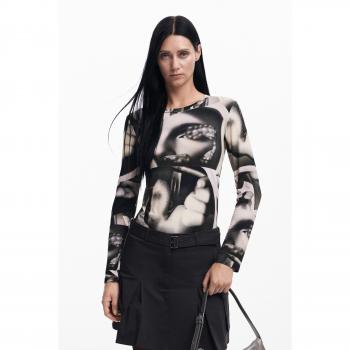 Camiseta de Mujer Desigual Surrealismo Negra de Manga Larga, Talla XS, Slim Fit, Algodón