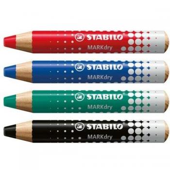STABILO MARKdry Set de 4 Marcadores para Pizarra Blanca con Sacapuntas y Paño de Limpieza - Punta XXL de 10mm - Madera Certificada FSC - Estuche