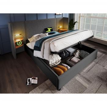 Cama contenedor de lino gris 180x200 cm - 2 mesitas de noche con luz de lectura y carga - incluye somier