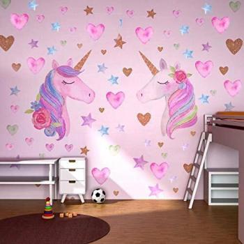 Beanlieve Pegatinas Pared Unicornio Extraíbles, Diseño Unicornio Con Corazones y Estrellas, Pegatinas Reflectantes Para Decoración Pared Para Fiestas Cumpleaños, Dormitorios Niños, Habitación Bebé