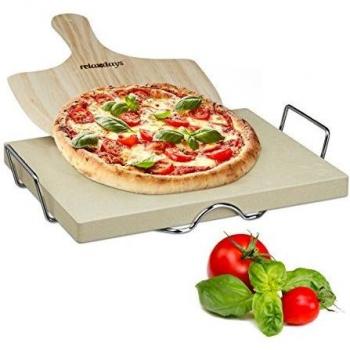 Set de Piedra para Horno con Pala de Pizza y Soporte Metálico, 3 cm de Grosor, Madera y Metal, Color Marrón Natural