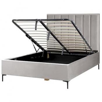 Cama Matrimonial de Terciopelo Gris Claro 140x200 cm con Almacenamiento y Cabecero Acolchado, Patas de Metal Negro Sezanne