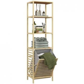 Estantería de Baño de Bambú HOMCOM con 3 Estantes y 1 Cesto Desmontable Natural 160x44x33 cm