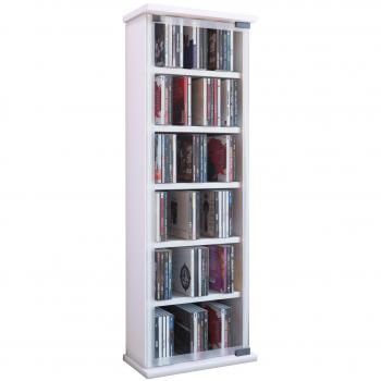 Estante de Madera Clásico para CD/DVD con Puertas de Cristal, Capacidad para 204 CDs o 72 DVDs, Dimensiones: 92 x 31 x 18 cm, Color Blanco