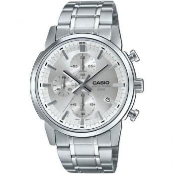 Reloj de pulsera Casio Standard Analog Chronograph Stainless Steel Silver Dial Quartz MTP-E510D-7AV para Hombre, con correa de acero inoxidable color gris plata y dial gris plata