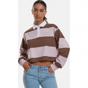 Karl Kani Women's Pink Striped Rugby Crop Long Sleeve Polo Shirt