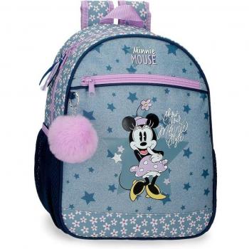 Mochila Infantil Disney Minnie Style Azul 27x33x11cm con Bolsillo Frontal y Pompón Decorativo en Poliéster
