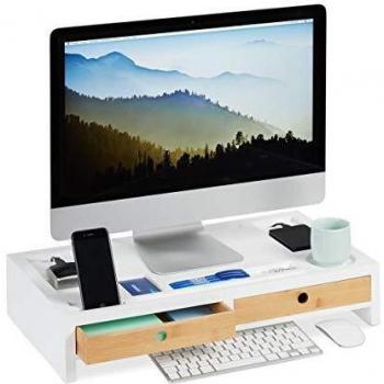Relaxdays, 11 x 58,5 x 32,5 cm Soporte Monitor y Portátil XL con 2 Cajones, Bambú y DM, Blanco, Tablero