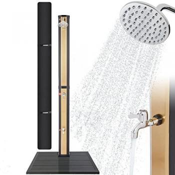 Ducha Solar Arebos 35L con Teleducha y Termómetro hasta 60°C - Negro/Oro con Base Antracita