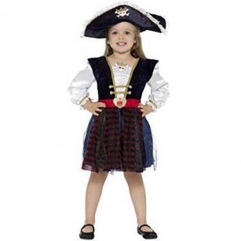Smiffys Disfraz Deluxe de Pirata con Purpurina para Chica, Azul, con Vestido y Sombrero