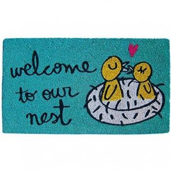 Laroom Felpudo diseño Welcome To Our Nest, Jute & Base Antideslizante, Azul, 40 x 70 cm