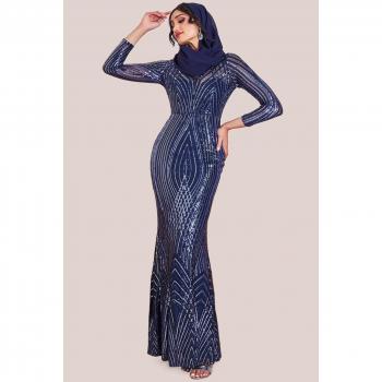 Goddiva Women's Navy Two-Toned Sequin Maxi Dress - Size 8 UK