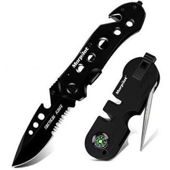 morpilot Navaja, Navaja 5 en 1 Multiusos, con Afilador de Cuchillo, Navaja Caza Pesca, Cuchillo Supervivencia Acero Inoxidable, con Silbato y Brújala, para Actividades Exteriores