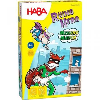 HABA Rhino Hero: Missing Match - Juego de mesa infantil, dimensiones 11x17x3 cm, recomendado para mayores de 4 años, enfocado en la atención y habilidades cognitivas