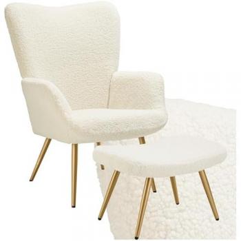 Sillón Hygge Tapizado Ergonomico con Reposapiés - Capacidad 150 kg - Estilo Escandinavo Bouclé Crema/Dorado