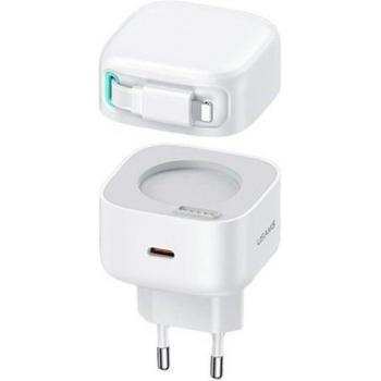 Cargador Usams USB-C 35W con Cable Retráctil Lightning, Carga Rápida PD+QC, Color Blanco