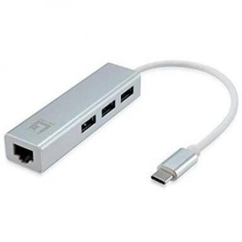 Adaptador de red Gigabit USB-C LevelOne USB-0504 con Hub USB 3.0, Plata