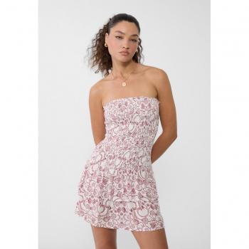 Burgundy Bandeau Neckline Short Printed Dress M
