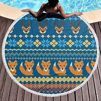 Leo-Shop Toalla de Playa Redonda Mosaico Pixel Art Deer Fox Manta Grande con borlas Ultra SoftBeach Throw 59 Inch