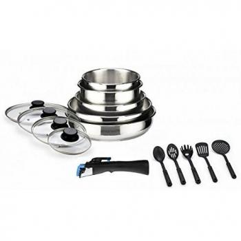 Arthur Martin Juego de 15 Ollas y Sartenes de Acero Inoxidable con Accesorios - Batería de cocina 15 piezas gris