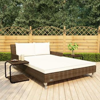 Double Outdoor Sun Lounger with Cushions in Brown Poly Rattan