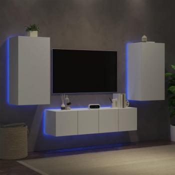 Mueble TV de pared con LED 4 piezas en madera de ingeniería blanca