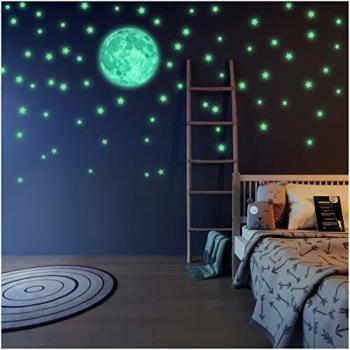 LIDERSTAR Luminoso Pegatinas de Pared Luna y Estrellas, Fluorescente Decoración de Pared para Dormitorio de Niños, DIY Decoración de la Habitación para Chico Niña Bebé, Casa Interior Mural, 221 Pzas
