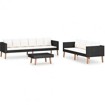 3-Piece Black Poly Rattan Garden Lounge Set with Cushions