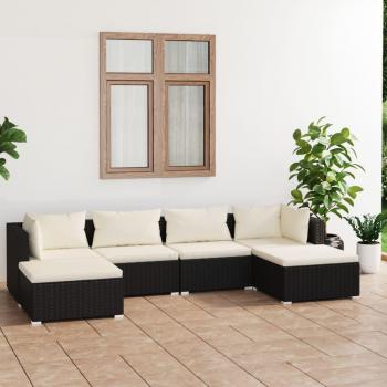 vidaXL 6-Piece Black Poly Rattan Garden Lounge Set with Cushions