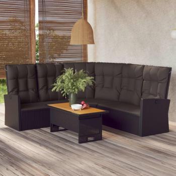 Sofá esquinero reclinable en Polyrattan negro con almohadas
