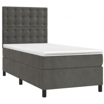 Cama box spring con colchón de terciopelo gris oscuro 100x200 cm, estructura suave, colchón viscoelástico, espuma, protector, muelles ensacados, adaptable y acolchado reversible