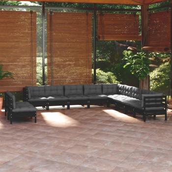 Conjunto de Muebles de Jardín 11 Piezas con Cojines en Negro y Estructura de Madera Maciza de Pino